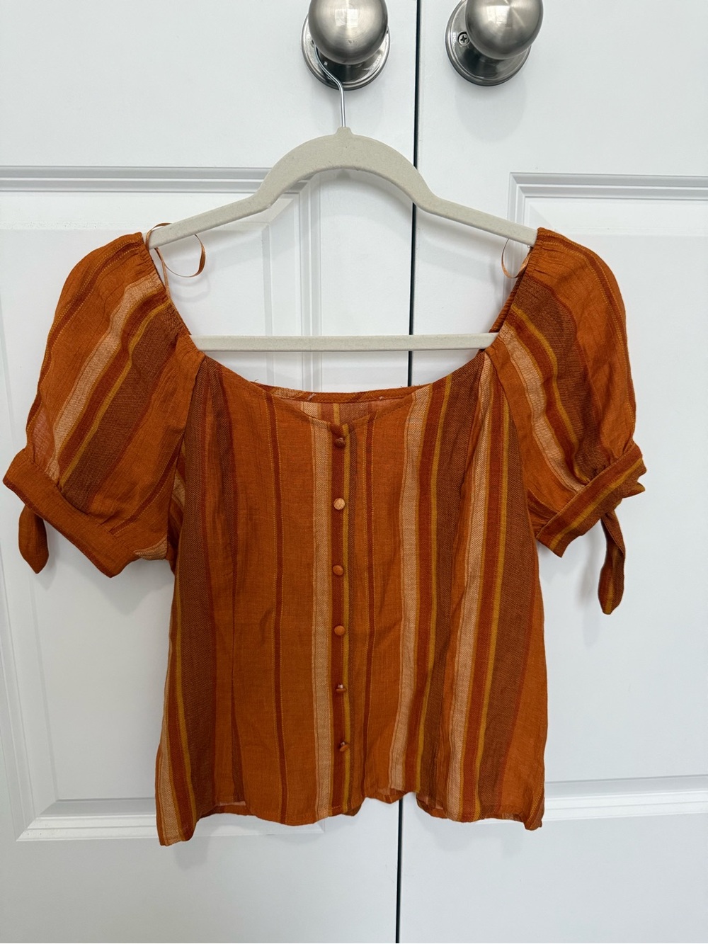Striped Rust Orange Button-Front Peasant Top